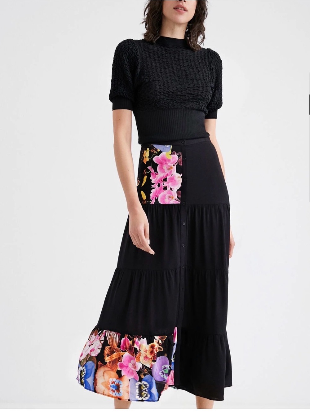 Desigual Black Tiered Maxi Skirt with Pink Floral Patchwork